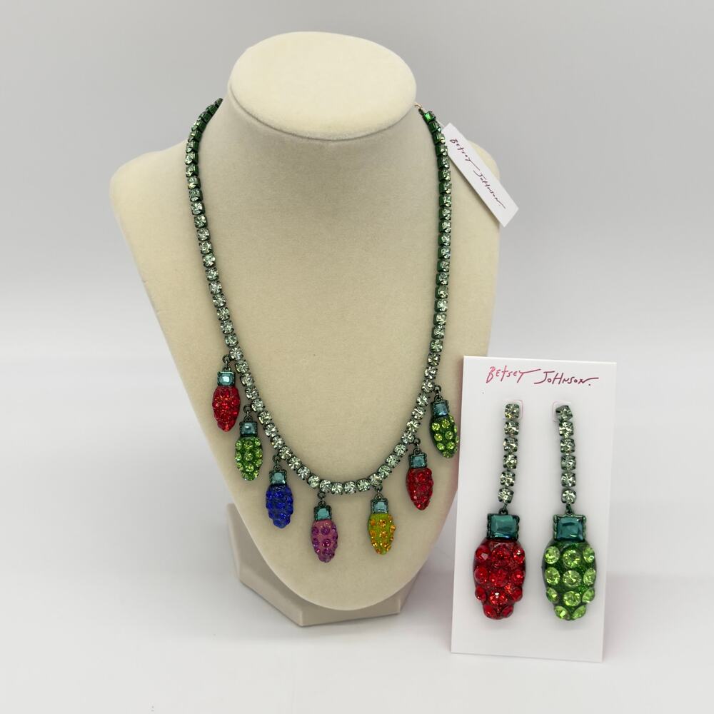 2 Pc Betsey Johnson Christmas Lights Frontal Necklace & Mismatched Earrings NEW